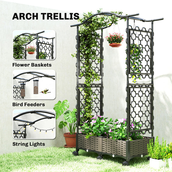 Raised Garden Bed with Arch Trellis, Raised Bed for Garden on Wheels with Side Trellis, Self Watering Outdoor Planter Box with Drainage Holes, Drain Plugs for Climbing Plants, Flowers, Herbs