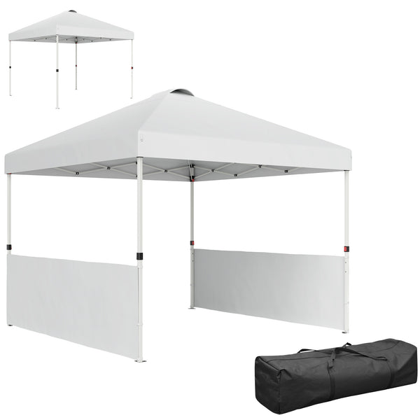 Outsunny 10' x 10' Pop Up Canopy Tent with 2 Half Sidewalls, UV50+ Instant Sun Shelter, Tents for Parties, Height Adjustable, with Wheeled Carry Bag and 4 Sand Bags for Outdoor, Garden, White