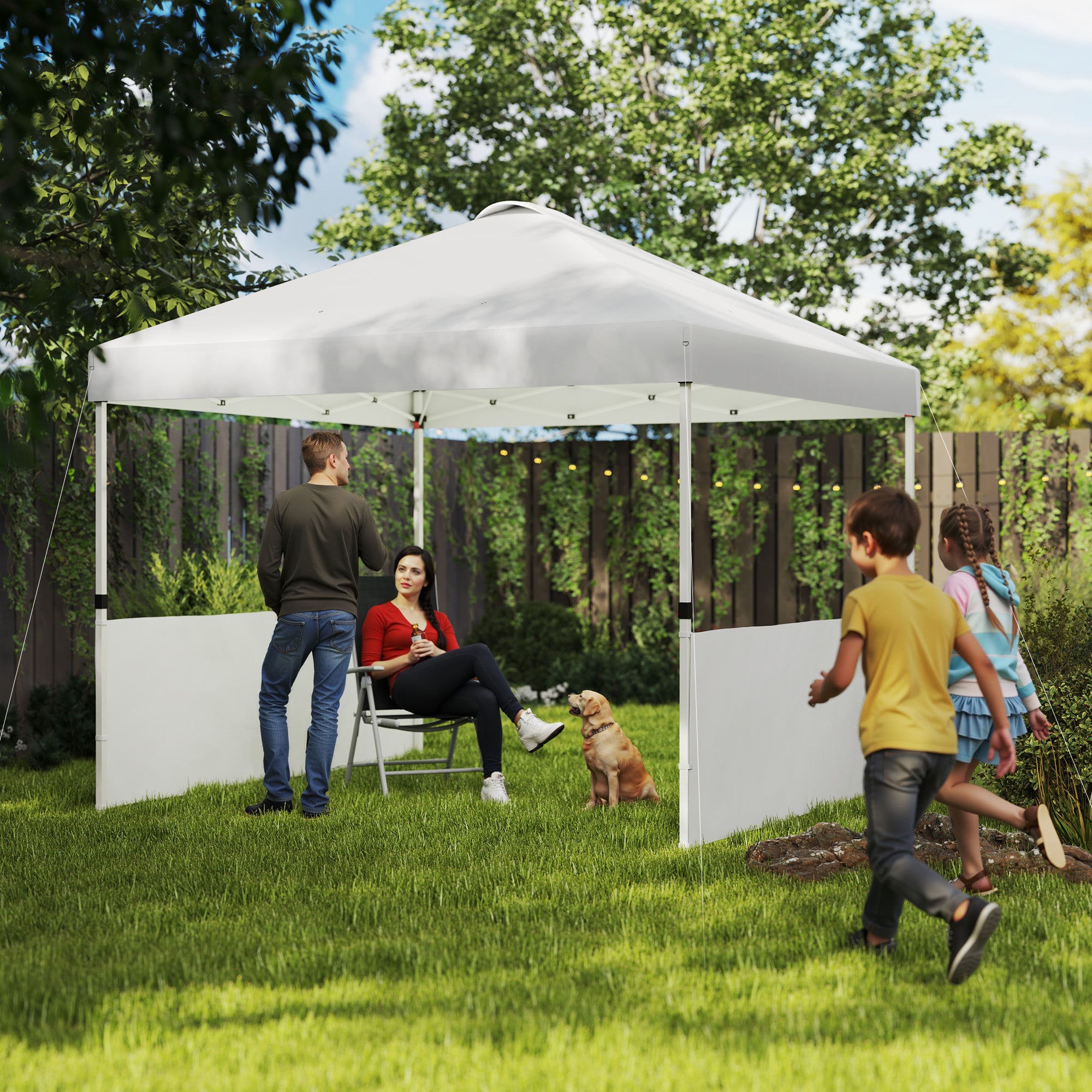 buy canopy tents Outsunny 10' x 10' Pop Up Canopy Tent with 2 Half Sidewalls, UV50+ Instant Sun Shelter with Wheeled Carry Bag, White