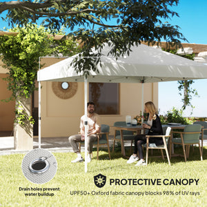 Outsunny 10' x 10' Pop Up Canopy Tent with 2 Half Sidewalls, UV50+ Instant Sun Shelter, Tents for Parties, Height Adjustable, with Wheeled Carry Bag and 4 Sand Bags for Outdoor, Garden, White