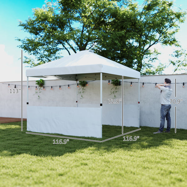 Outsunny 10' x 10' Pop Up Canopy Tent with 2 Half Sidewalls, UV50+ Instant Sun Shelter, Tents for Parties, Height Adjustable, with Wheeled Carry Bag and 4 Sand Bags for Outdoor, Garden, White