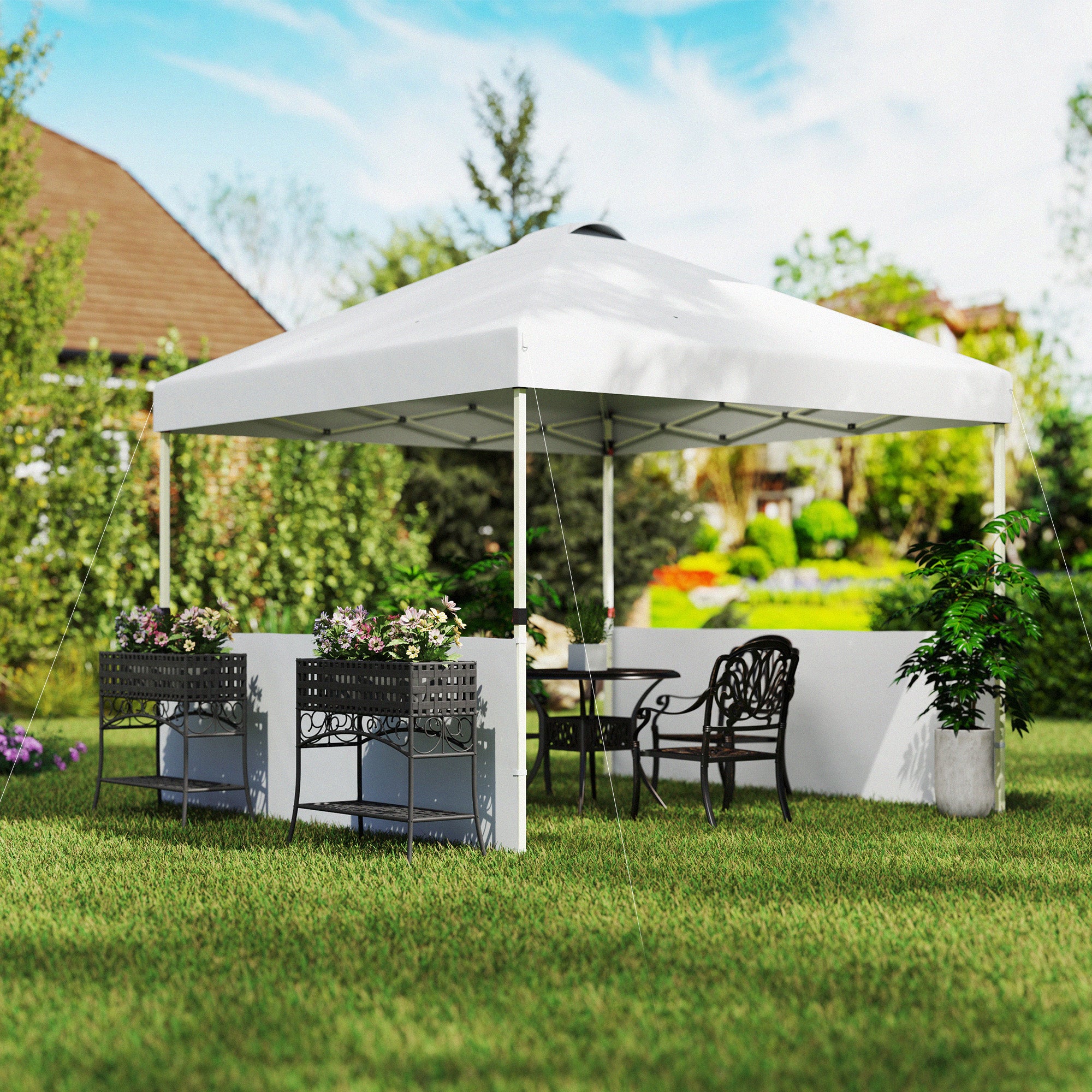 garden tent canopy Outsunny 10' x 10' Pop Up Canopy Tent with 2 Half Sidewalls, UV50+ Instant Sun Shelter with Wheeled Carry Bag, White