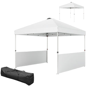 Outsunny 10' x 10' Pop Up Canopy Tent with 2 Half Sidewalls, UV50+ Instant Sun Shelter, Tents for Parties, Height Adjustable, with Wheeled Carry Bag and 4 Sand Bags for Outdoor, Garden, White