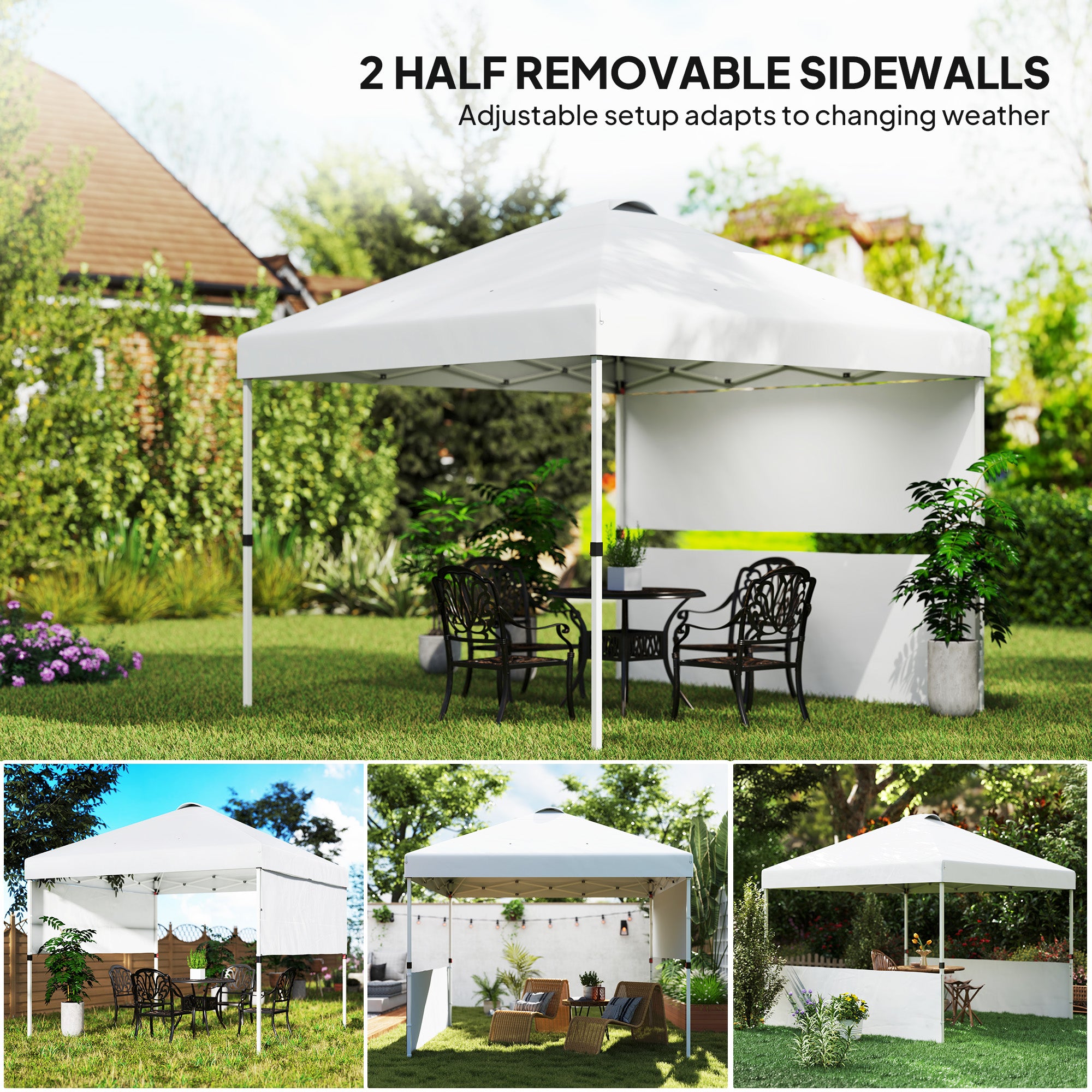 garden canopy tent Outsunny 10' x 10' Pop Up Canopy Tent with 2 Half Sidewalls, UV50+ Instant Sun Shelter with Wheeled Carry Bag, White