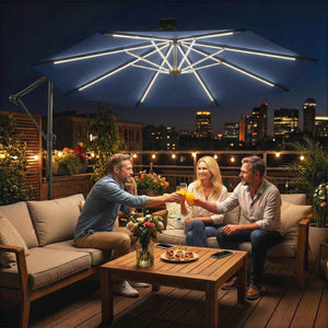 3 m Garden Cantilever Parasol with LED Solar Light, Round Overhanging Umbrella with 6-Position 360° Rotation, Crank Handle, Tilt, Cover, Banana Patio Umbrella for Outdoor Sun Shade, Navy Blue