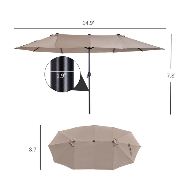 Outsunny Extra Large 15ft Patio Umbrella, Double-Sided Outdoor Umbrella with Crank Handle and Air Vents for Backyard, Deck, Pool, Market, Tan