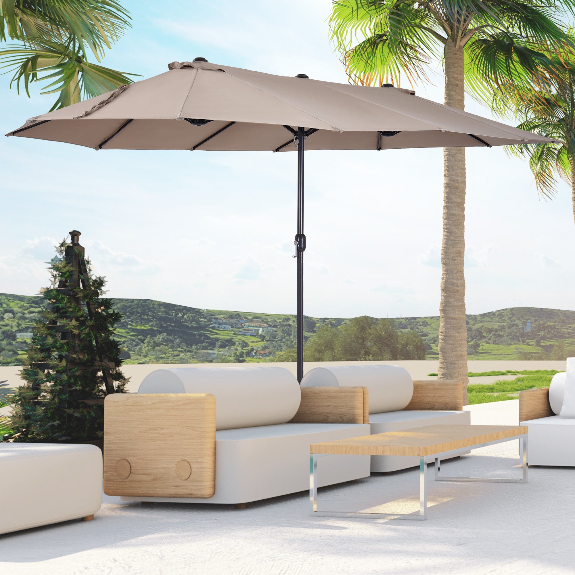 crank handle for offset patio umbrella Outsunny Patio Umbrella 15ft Double-Sided Outdoor Market Extra Large Umbrella with Crank Handle for Deck, Lawn, Backyard and Pool, Tan