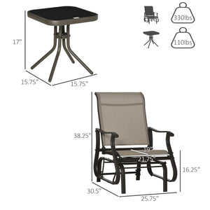 Outsunny 3-Piece Outdoor Gliders Set Bistro Set with Steel Frame, Tempered Glass Top Table for Patio, Garden, Backyard, Lawn, Gray