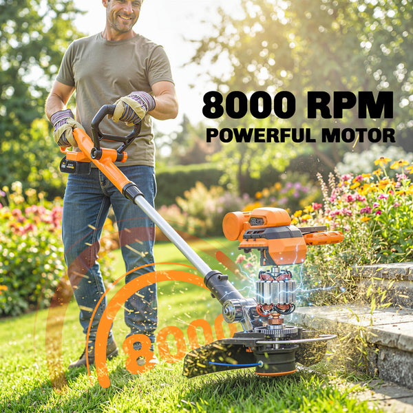 Cordless Strimmer with 2 x 4.0Ah Lithium Batteries & Charger, 2-in-1 Lightweight Cordless Grass Trimmer and Lawn Edger with Adjustable Pole, Head & Handle, 8000 RPM, 25cm Cutting Width