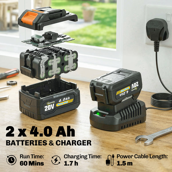 Cordless Strimmer with 2 x 4.0Ah Lithium Batteries & Charger, 2-in-1 Lightweight Cordless Grass Trimmer and Lawn Edger with Adjustable Pole, Head & Handle, 8000 RPM, 25cm Cutting Width