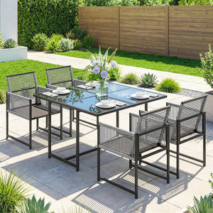 5 Pieces Garden Dining Set, Outdoor Patio Cube Set, 4 Seater Outdoor Table and Chairs with Foldable Backrest, Tempered Glass Top, Space-Saving, Light Grey