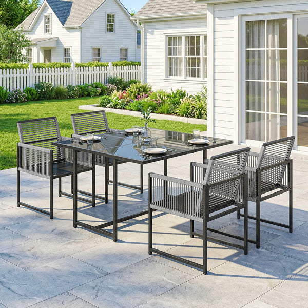 5 Pieces Garden Dining Set, Outdoor Patio Cube Set, 4 Seater Outdoor Table and Chairs with Foldable Backrest, Tempered Glass Top, Space-Saving, Light Grey