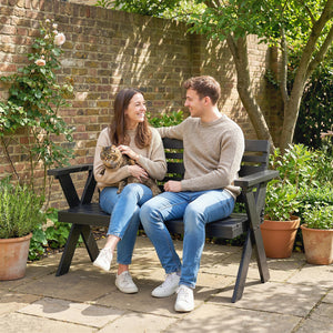 2 Seater Wooden Garden Bench, Slatted Patio Bench with Armrest and Backrest, Outdoor Furniture with X-Frame Legs for Park, Balcony, Terrace, Black