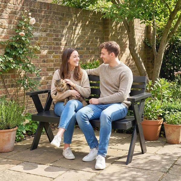 2 Seater Wooden Garden Bench, Slatted Patio Bench with Armrest and Backrest, Outdoor Furniture with X-Frame Legs for Park, Balcony, Terrace, Black