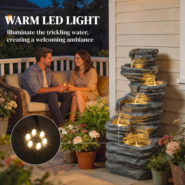 Outdoor Fountain with 6-Tier Rock Design, Cascading Waterfall Feature with LED Lights, Resin Freestanding Garden Fountain for Patio Balcony, Grey