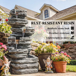 Outdoor Fountain with 6-Tier Rock Design, Cascading Waterfall Feature with LED Lights, Resin Freestanding Garden Fountain for Patio Balcony, Grey