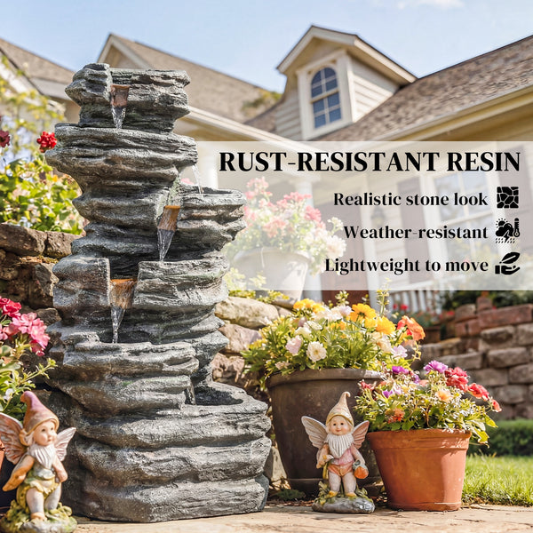 Outdoor Fountain with 6-Tier Rock Design, Cascading Waterfall Feature with LED Lights, Resin Freestanding Garden Fountain for Patio Balcony, Grey