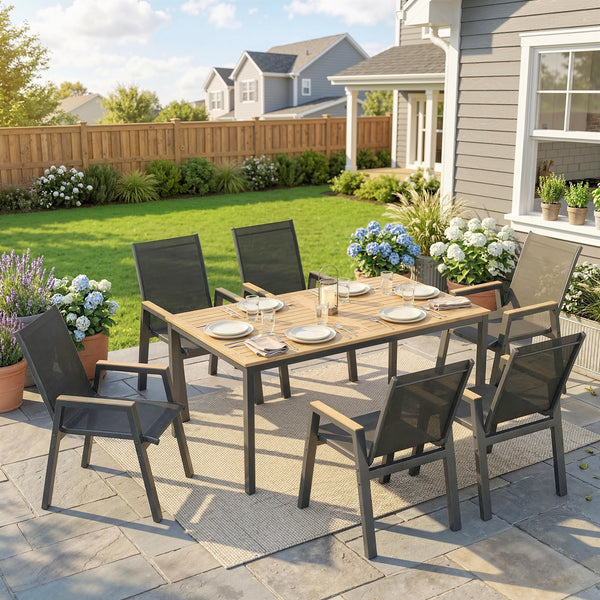 7 Piece Outdoor Dining Set, Rectangle Patio Table and 6 Mesh Chairs with Slatted Tabletop, All Weather Outdoor Dining Furniture Set for Backyard, Deck, Garden, Black