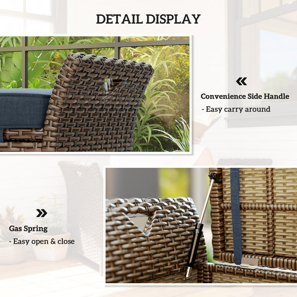 2-In-1 Patio Wicker Storage Bench, 29 Gallon Outdoor PE Rattan Patio Furniture, Large Capacity Rectangle Basket Box with Handles and Cushion, Navy Blue