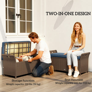 2-In-1 Patio Wicker Storage Bench, 29 Gallon Outdoor PE Rattan Patio Furniture, Large Capacity Rectangle Basket Box with Handles and Cushion, Navy Blue