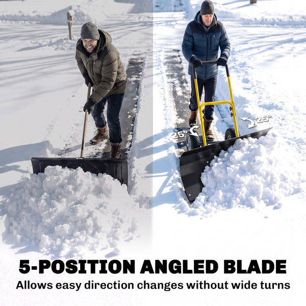 Snow Shovel with Wheels, 29" x 16.5" Heavy Duty Metal Snow Pusher with 5-Level Adjustable Handle, 5-Angle Blade and Non-Slip Grip, for Driveway, Sidewalks, Garden, Deck, Yellow