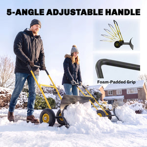 Snow Shovel with Wheels, 29" x 16.5" Heavy Duty Metal Snow Pusher with 5-Level Adjustable Handle, 5-Angle Blade and Non-Slip Grip, for Driveway, Sidewalks, Garden, Deck, Yellow