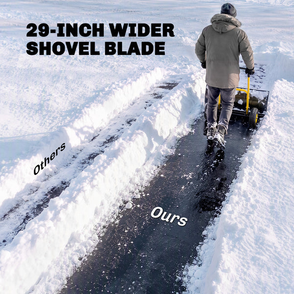 Snow Shovel with Wheels, 29" x 16.5" Heavy Duty Metal Snow Pusher with 5-Level Adjustable Handle, 5-Angle Blade and Non-Slip Grip, for Driveway, Sidewalks, Garden, Deck, Yellow