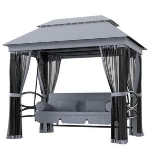 3-Seat Patio Swing Chair, Outdoor Gazebo Swing with Double Tier Canopy, Mesh Sidewalls, Cushioned Seat and Pillows, Gray