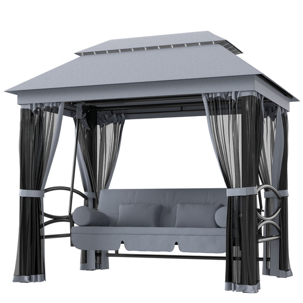 3-Seat Patio Swing Chair, Outdoor Gazebo Swing with Double Tier Canopy, Mesh Sidewalls, Cushioned Seat and Pillows, Gray