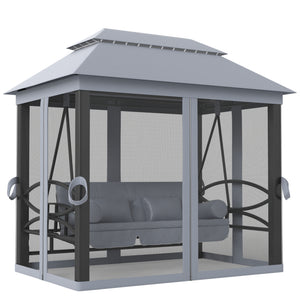3-Seat Patio Swing Chair, Outdoor Gazebo Swing with Double Tier Canopy, Mesh Sidewalls, Cushioned Seat and Pillows, Gray