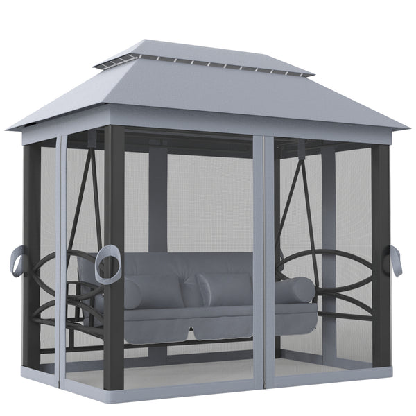3-Seat Patio Swing Chair, Outdoor Gazebo Swing with Double Tier Canopy, Mesh Sidewalls, Cushioned Seat and Pillows, Gray