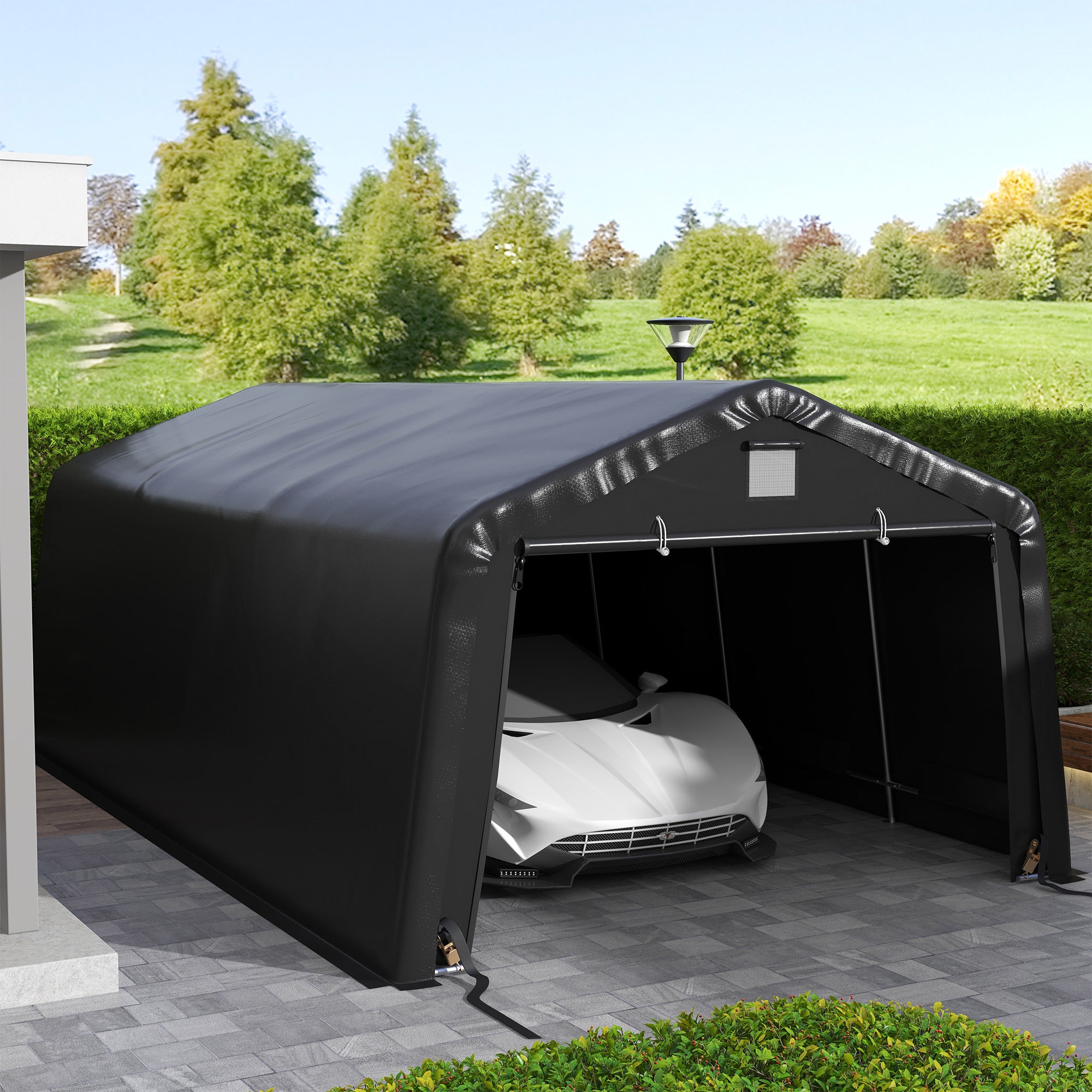 tent in garage Outsunny 12' x 20' Portable Garage, Heavy Duty Carport, Ventilation Windows, Large Roll-up Door, Black