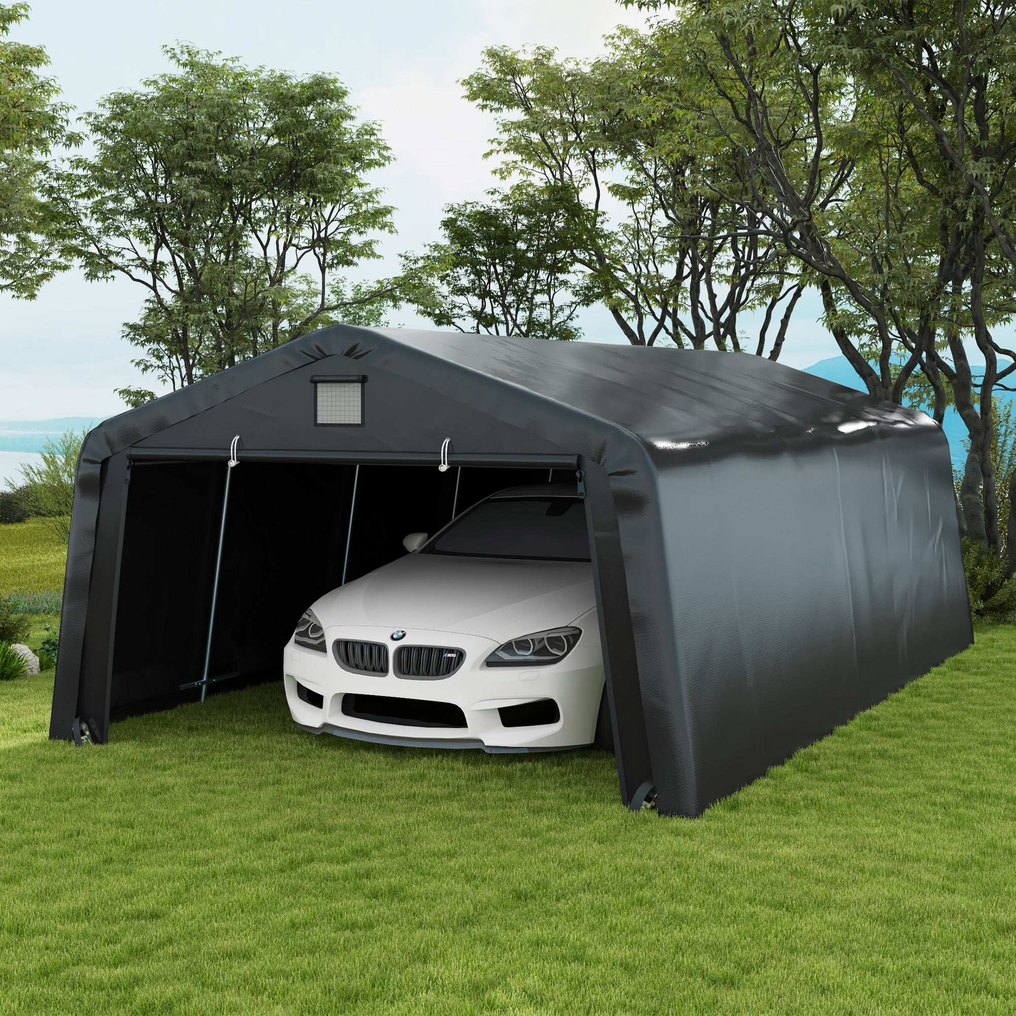 garage tent for car Outsunny 12' x 20' Portable Garage, Heavy Duty Carport, Ventilation Windows, Large Roll-up Door, Black