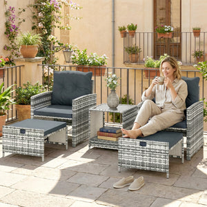 5 Piece Patio Furniture Set, Wicker Patio Chairs with Ottomans, 2-Tier Glass Coffee Table, Cushions, Outdoor Patio Furniture Conversation Set for Balcony, Grey/Dark Grey