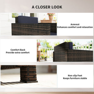 Single Seater Rattan Chair, PE Wicker Garden Armchair with 10 cm Thickened Cushion, All-Weather Rattan Garden Chair with Armrests, Mixed Brown/Navy Blue