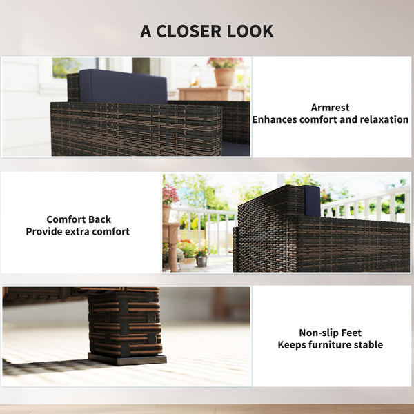 Single Seater Rattan Chair, PE Wicker Garden Armchair with 10 cm Thickened Cushion, All-Weather Rattan Garden Chair with Armrests, Mixed Brown/Navy Blue