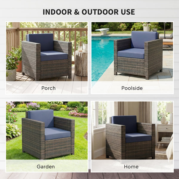 Single Seater Rattan Chair, PE Wicker Garden Armchair with 10 cm Thickened Cushion, All-Weather Rattan Garden Chair with Armrests, Mixed Brown/Navy Blue