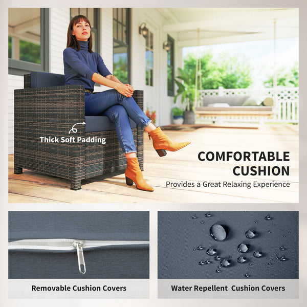 Single Seater Rattan Chair, PE Wicker Garden Armchair with 10 cm Thickened Cushion, All-Weather Rattan Garden Chair with Armrests, Mixed Brown/Navy Blue