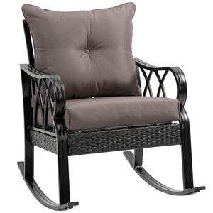 Outsunny Outdoor Wicker Rocking Chair with Padded Cushions, Aluminum Furniture Rattan Porch Rocker Chair w/ Armrest for Garden, Patio, and Backyard, Gray