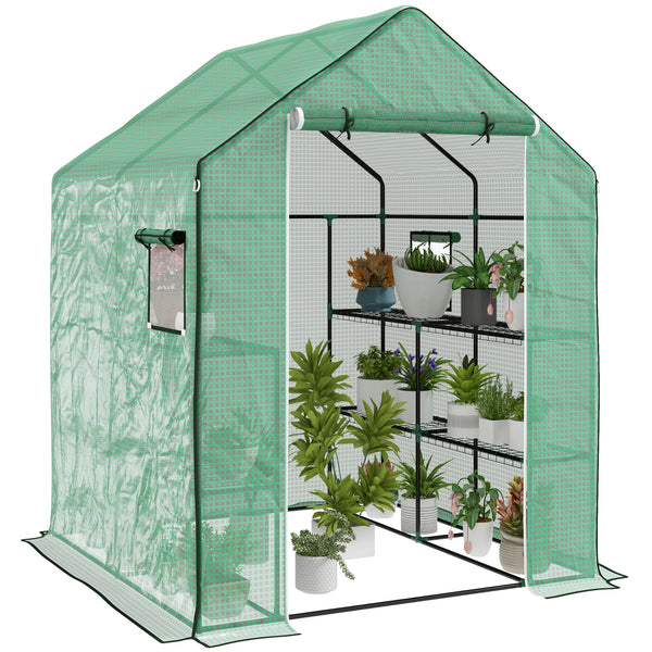 4.6' x 4.7' x 6.2' Walk-in Greenhouse with 3 Tier 8 Shelves, Outdoor Green House with Reinforced PE Cover, Garden Plant Grow Hot House Roll-up Door and Mesh Windows, Green