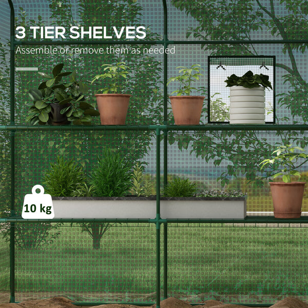 4.6' x 4.7' x 6.2' Walk-in Greenhouse with 3 Tier 8 Shelves, Outdoor Green House with Reinforced PE Cover, Garden Plant Grow Hot House Roll-up Door and Mesh Windows, Green