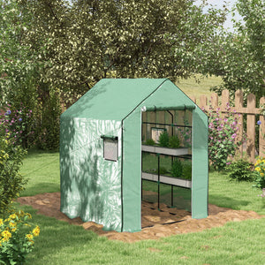 4.6' x 4.7' x 6.2' Walk-in Greenhouse with 3 Tier 8 Shelves, Outdoor Green House with Reinforced PE Cover, Garden Plant Grow Hot House Roll-up Door and Mesh Windows, Green