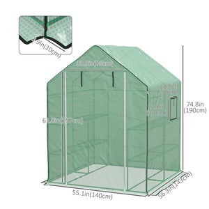 4.6' x 4.7' x 6.2' Walk-in Greenhouse with 3 Tier 8 Shelves, Outdoor Green House with Reinforced PE Cover, Garden Plant Grow Hot House Roll-up Door and Mesh Windows, Green