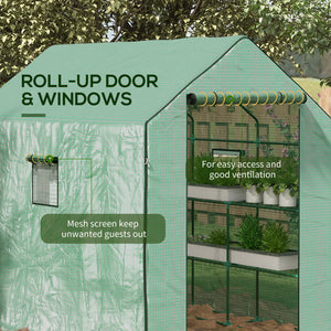 4.6' x 4.7' x 6.2' Walk-in Greenhouse with 3 Tier 8 Shelves, Outdoor Green House with Reinforced PE Cover, Garden Plant Grow Hot House Roll-up Door and Mesh Windows, Green