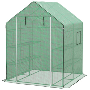 4.6' x 4.7' x 6.2' Walk-in Greenhouse with 3 Tier 8 Shelves, Outdoor Green House with Reinforced PE Cover, Garden Plant Grow Hot House Roll-up Door and Mesh Windows, Green