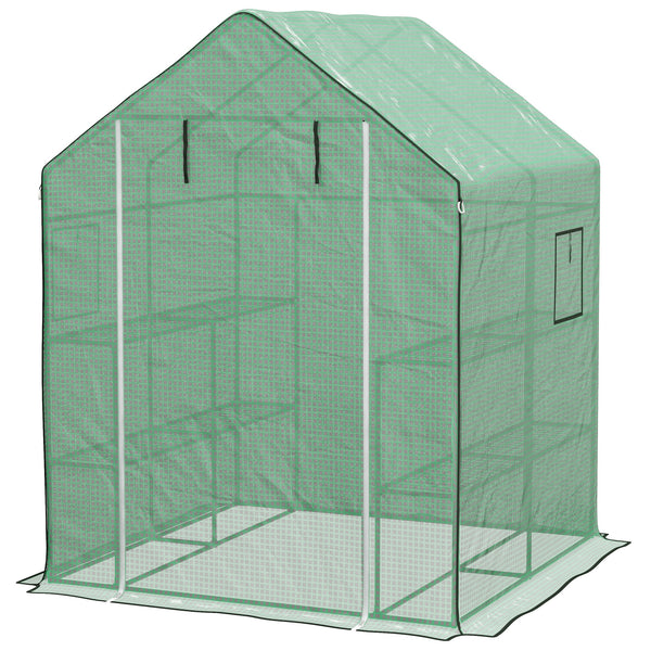 4.6' x 4.7' x 6.2' Walk-in Greenhouse with 3 Tier 8 Shelves, Outdoor Green House with Reinforced PE Cover, Garden Plant Grow Hot House Roll-up Door and Mesh Windows, Green