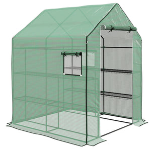 4.6' x 4.7' x 6.2' Walk-in Greenhouse with 3 Tier 8 Shelves, Outdoor Green House with Reinforced PE Cover, Garden Plant Grow Hot House Roll-up Door and Mesh Windows, Green