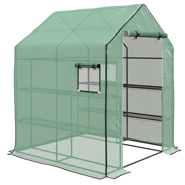 4.6' x 4.7' x 6.2' Walk-in Greenhouse with 3 Tier 8 Shelves, Outdoor Green House with Reinforced PE Cover, Garden Plant Grow Hot House Roll-up Door and Mesh Windows, Green
