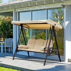 3 Seater Canopy Swing Chair, Outdoor Garden Swing Seat with Adjustable Canopy, Cushions and Cup Trays, Steel Frame, Beige