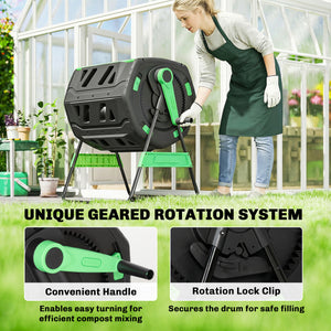 200L Garden Compost Bin, Dual Chamber Rotating Tumbling Composter with 8 Adjustable Vents, BPA Free Outdoor Compost Tumbler with 2 Sliding Doors, Gloves, Screwdriver, Wrench and Metal Frame